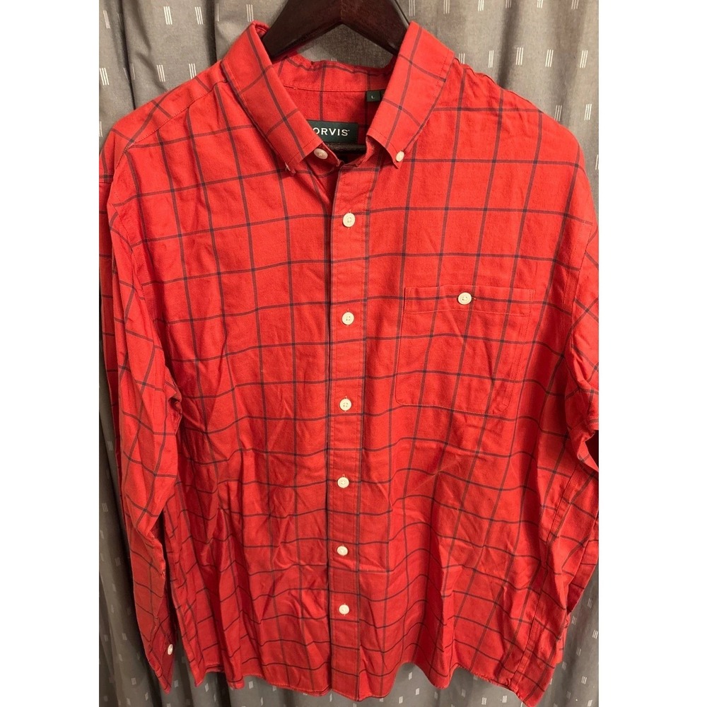 Orvis Mens Classic Fit Red Windowpane Check Button Down Shirt Large Stretch